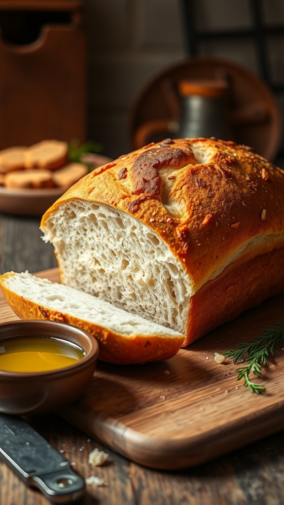 Freshly baked homemade bread loaf sliced on a wooden board with olive oil and herbs.